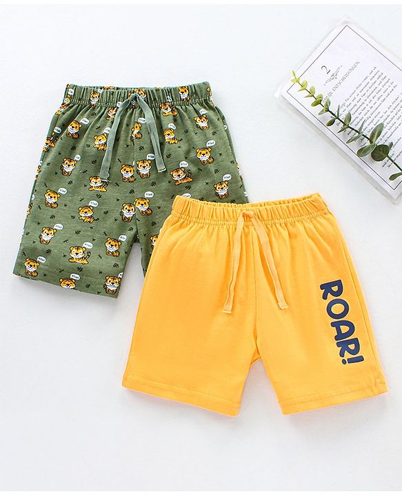 Babyhug Knit Shorts Tiger & Roar Print Pack of 2 - Olive Yellow