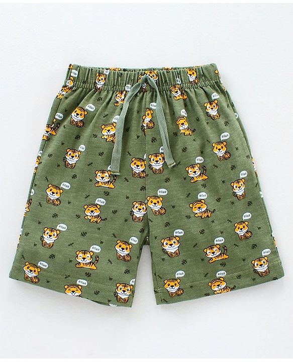 Babyhug Knit Shorts Tiger & Roar Print Pack of 2 - Olive Yellow