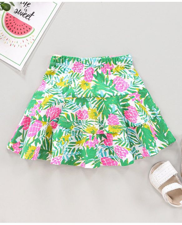 Babyhug Cotton Knit Knee Length Skirts Floral Print - Green White