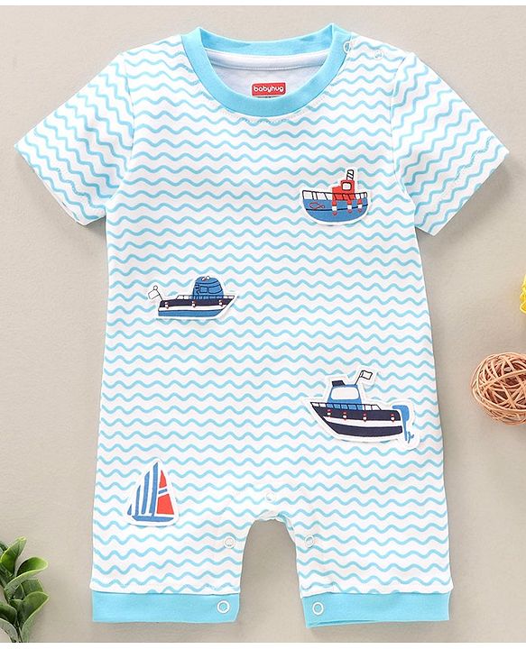 Babyhug Half Sleeves Romper Boat Print - Blue