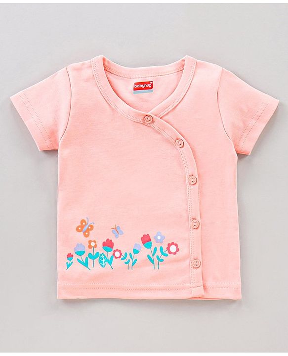 Babyhug Half Sleeves 100% Cotton Vests Dot Stripe And Floral Print Pack Of 5 - Pink Peach Purple