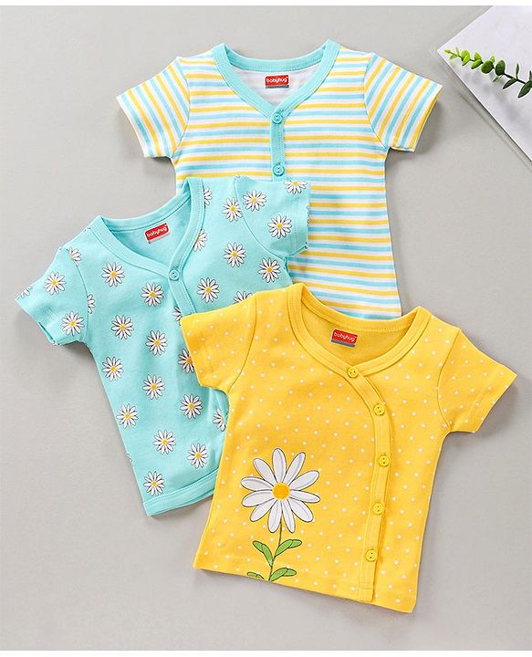 Babyhug Half Sleeves 100% Cotton Vest Floral And Stripe Print Pack Of 3 - Blue Yellow