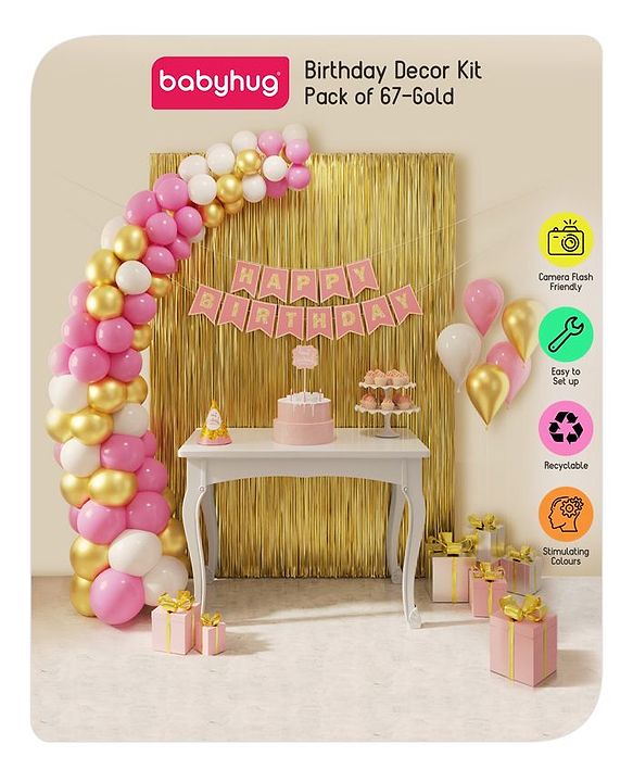 Babyhug Birthday Decor Kit Golden and Pink - Pack of 67