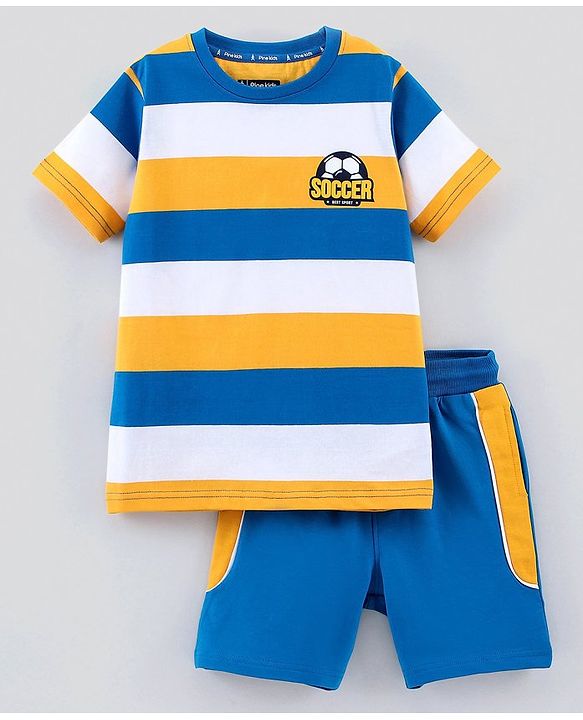 Pine Kids Half Sleeves T-Shirt & Shorts Set Striped - Yellow Blue