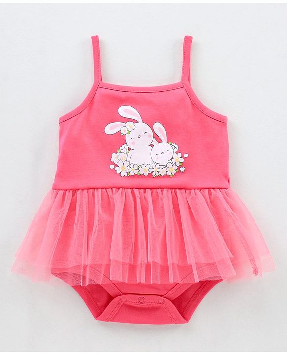 Babyhug 100% Cotton Singlet Sleeves Onesie Bunny Print with Net Detailing - Pink