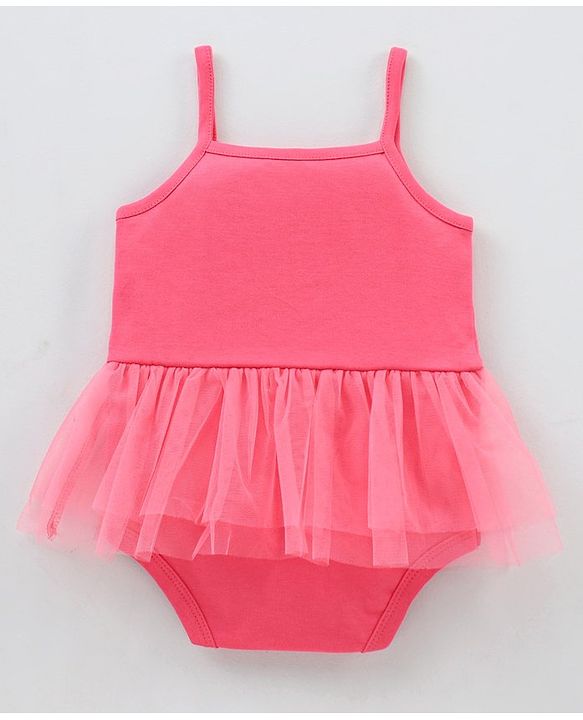 Babyhug 100% Cotton Singlet Sleeves Onesie Bunny Print with Net Detailing - Pink