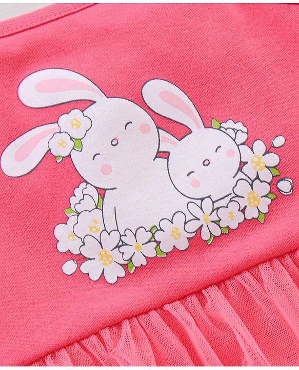 Babyhug 100% Cotton Singlet Sleeves Onesie Bunny Print with Net Detailing - Pink