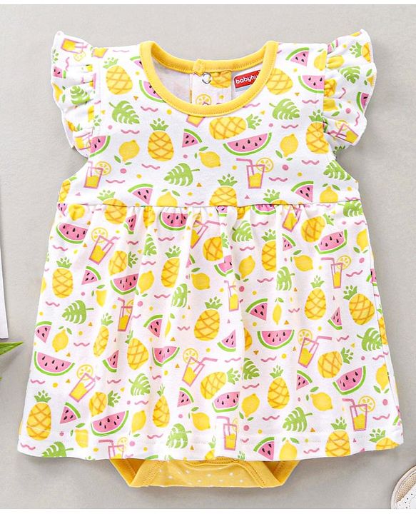 Babyhug 100% Cotton Frill Sleeves Onesie Fruit Printed - Yellow