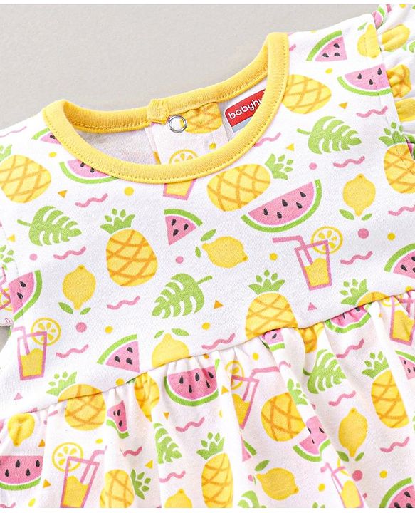 Babyhug 100% Cotton Frill Sleeves Onesie Fruit Printed - Yellow