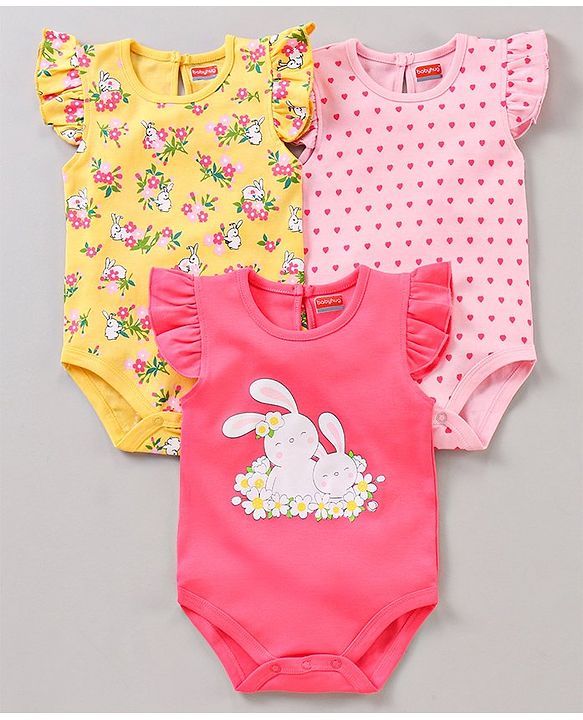 Babyhug 100% Cotton Flutter Sleeves Onesies Multi Print Pack of 3 - Multicolour