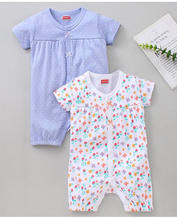 Babyhug 100% Cotton Printed Romper Pack of 2 - Blue White