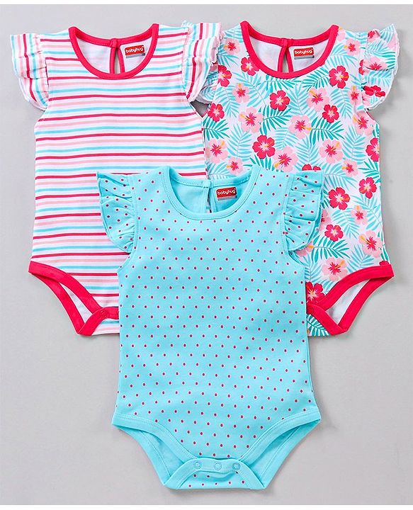 Babyhug 100% Cotton Flutter Sleeves Onesies Multi Print Pack of 3 - Multicolour