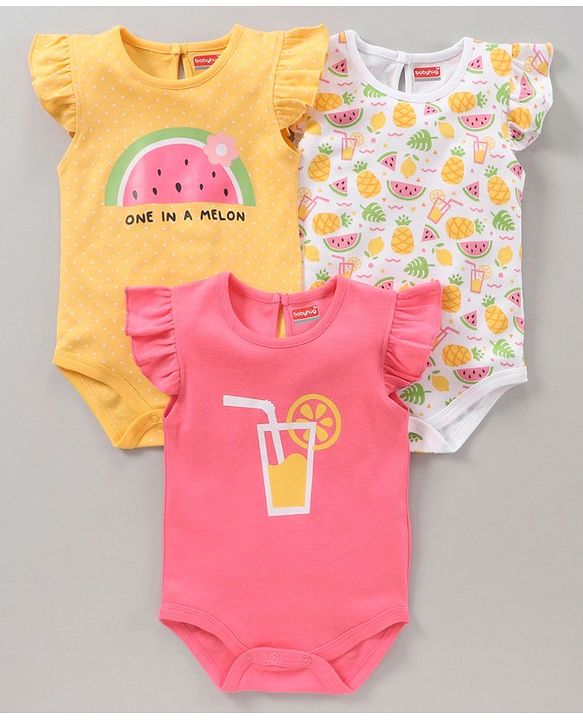 Babyhug 100% Cotton Short Sleeves Onesie Melon Print Pack of 3 - Pink Yellow