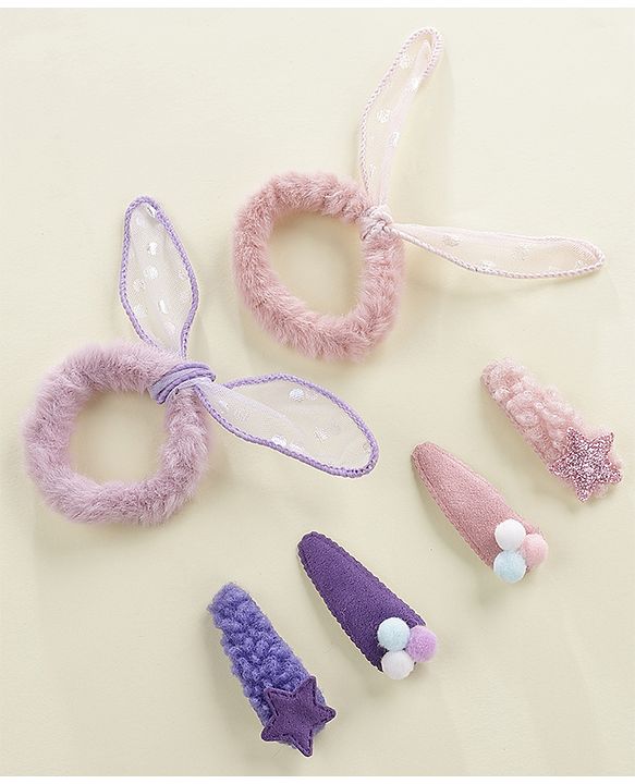 Babyhug Hair Rubber Bands And Snap Clips Pack of 6 - Peach & Purple