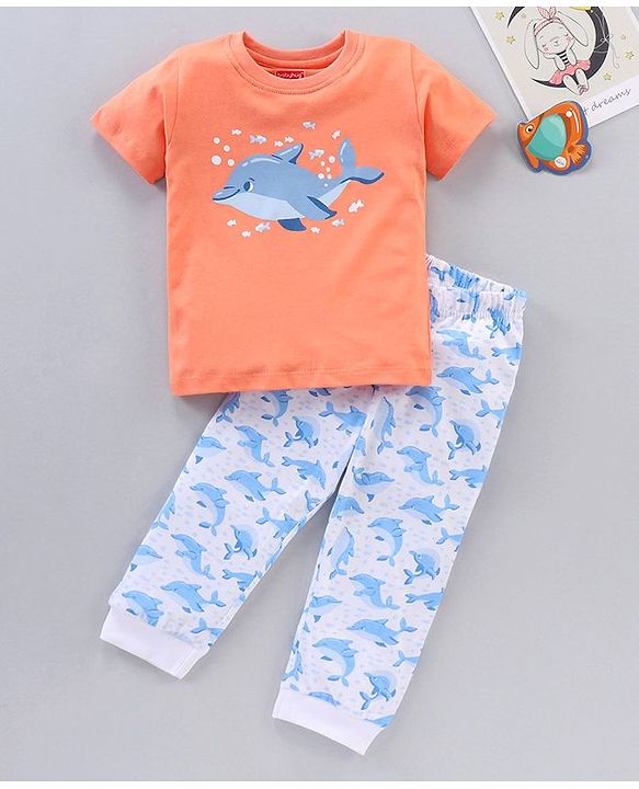 Babyhug Half Sleeves Quick Dry Night Suit Dolphin Print - Orange White