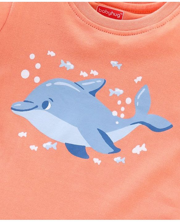 Babyhug Half Sleeves Quick Dry Night Suit Dolphin Print - Orange White