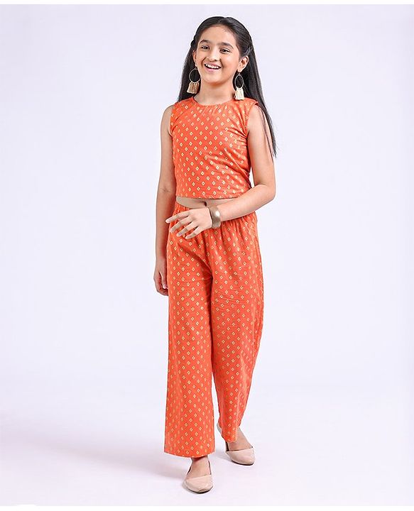 Pine Kids Half Sleeves Top and Palazzo Set Printed - Orange
