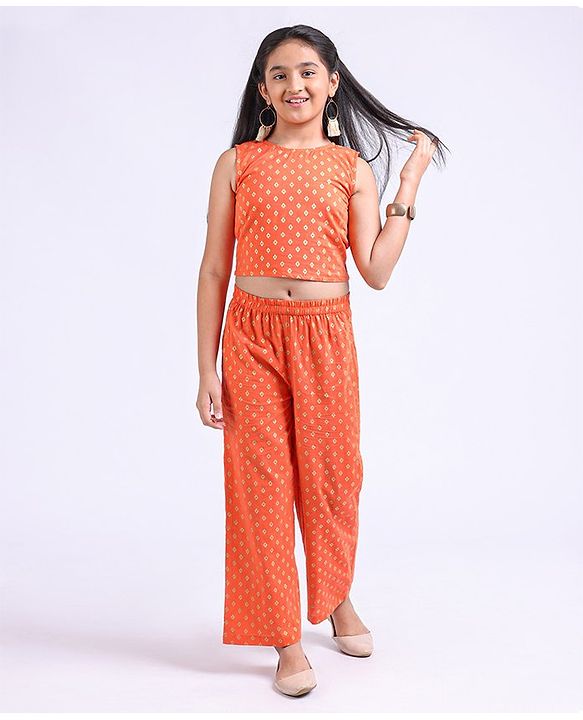 Pine Kids Half Sleeves Top and Palazzo Set Printed - Orange