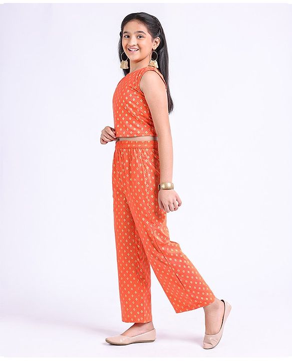 Pine Kids Half Sleeves Top and Palazzo Set Printed - Orange