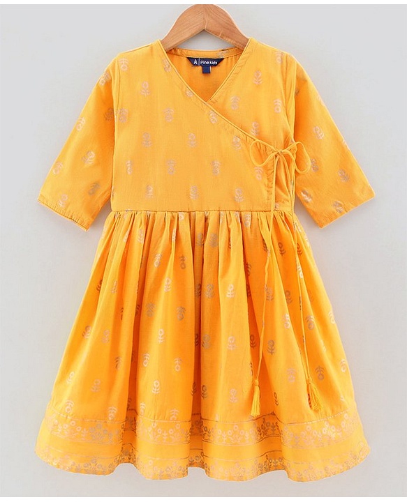 Pine Kids Three Fourth Sleeves Ethnic Dress - Yellow