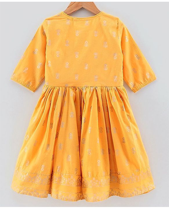 Pine Kids Three Fourth Sleeves Ethnic Dress - Yellow