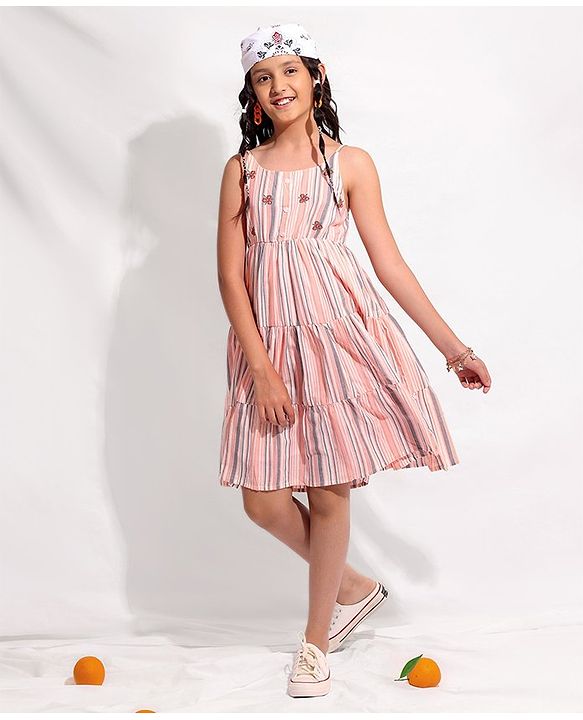 Pine Kids Girls Sleeveless Frock Stripes Print With Embroidery- Pink