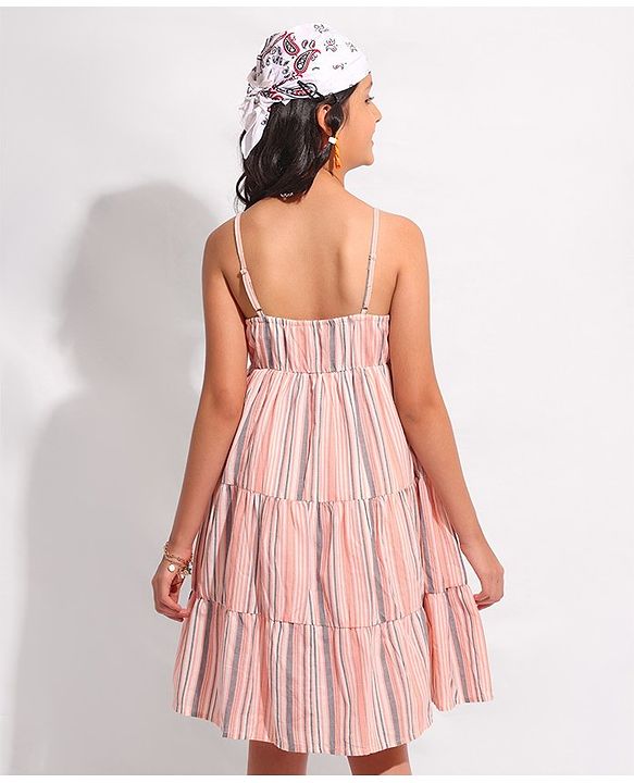 Pine Kids Girls Sleeveless Frock Stripes Print With Embroidery- Pink