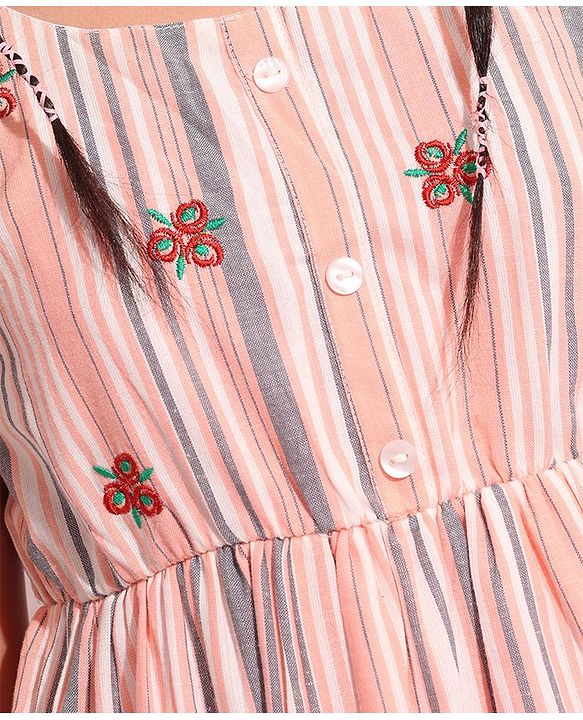 Pine Kids Girls Sleeveless Frock Stripes Print With Embroidery- Pink