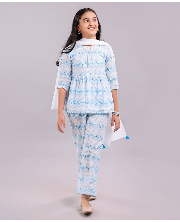 Pine Kids Three Fourth Sleeves Printed Kurta & Salwar with Duppatta - White Blue