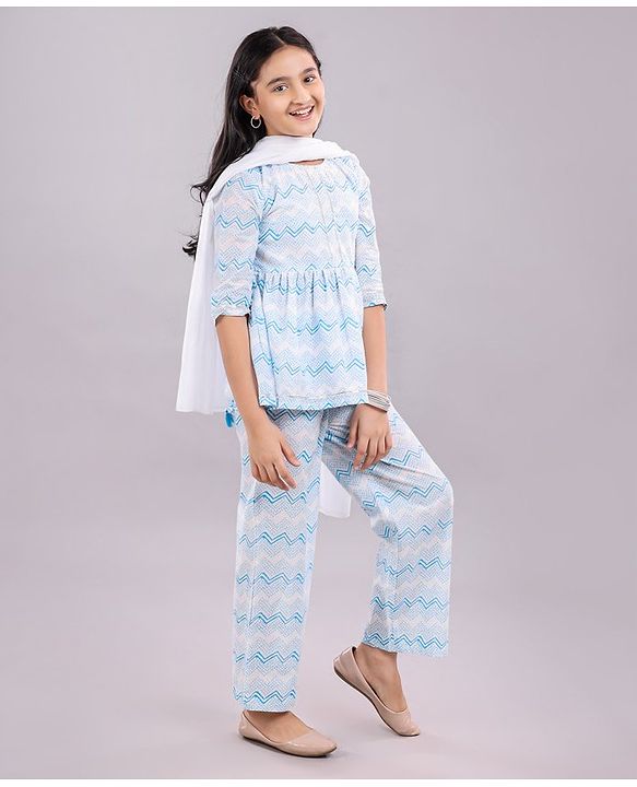 Pine Kids Three Fourth Sleeves Printed Kurta & Salwar with Duppatta - White Blue