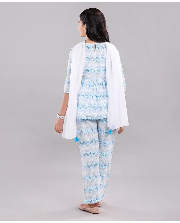 Pine Kids Three Fourth Sleeves Printed Kurta & Salwar with Duppatta - White Blue