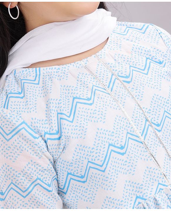 Pine Kids Three Fourth Sleeves Printed Kurta & Salwar with Duppatta - White Blue