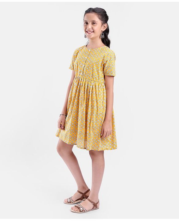 Pine Kids Half Sleeves Printed Ethnic Dress- Yellow