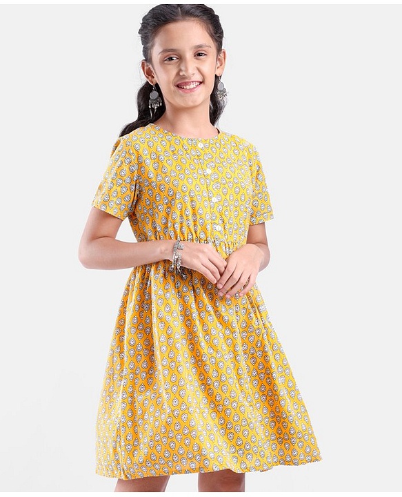 Pine Kids Half Sleeves Printed Ethnic Dress- Yellow