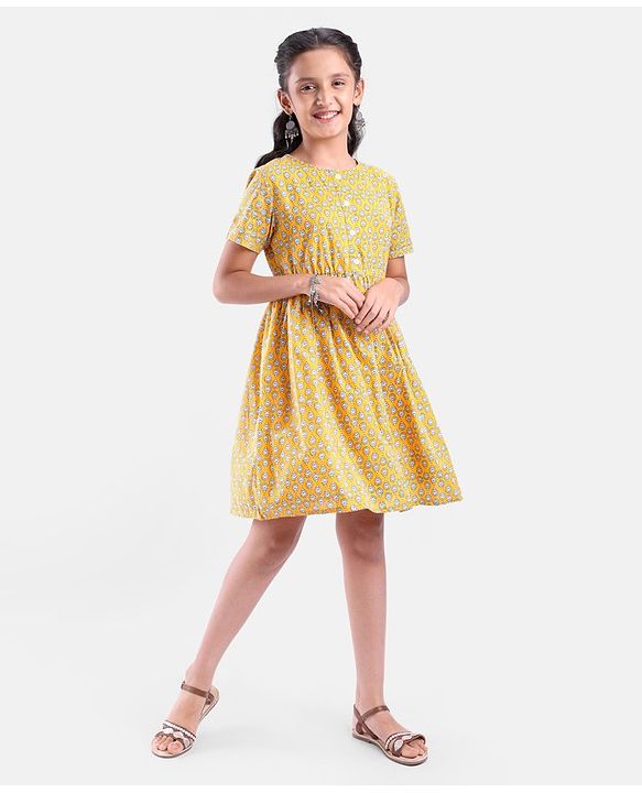 Pine Kids Half Sleeves Printed Ethnic Dress- Yellow