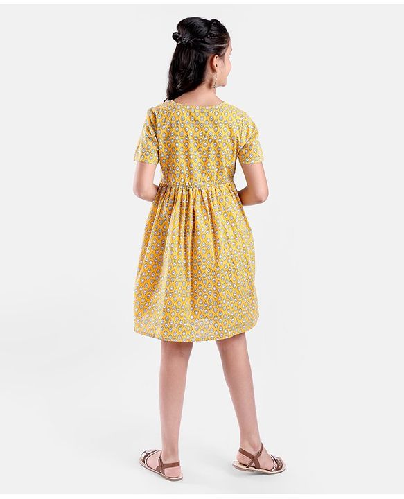 Pine Kids Half Sleeves Printed Ethnic Dress- Yellow