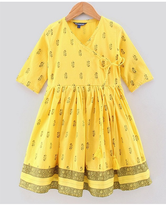 Pine Kids Three Fourth Sleeves Ethnic Dress Floral Print - Yellow
