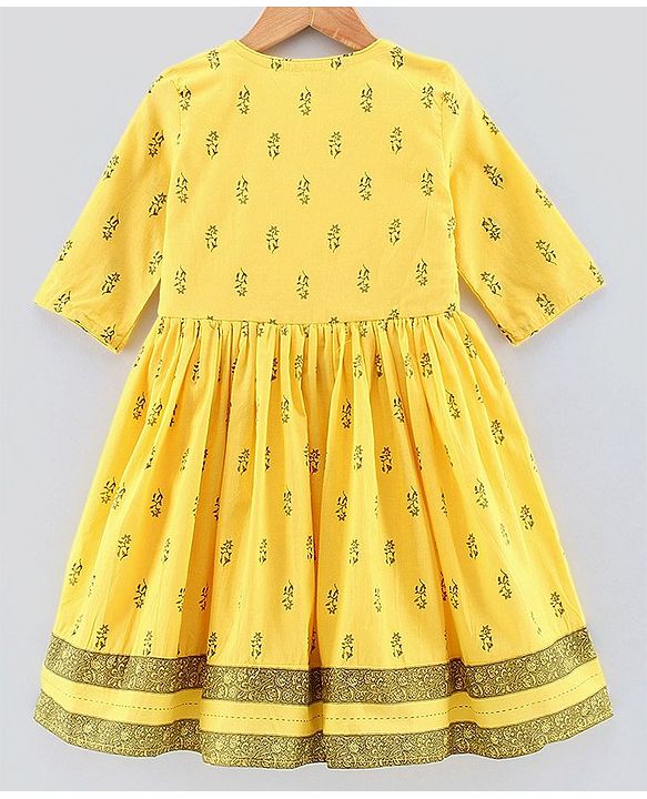 Pine Kids Three Fourth Sleeves Ethnic Dress Floral Print - Yellow