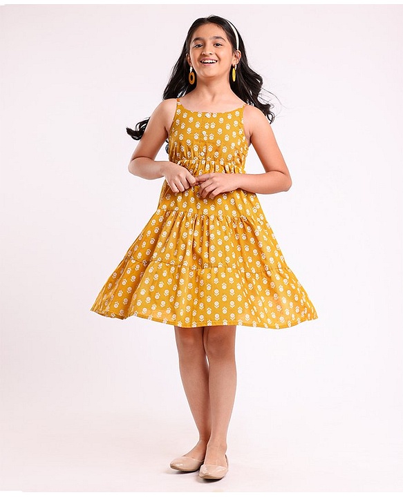 Pine Kids Singlet Sleeves Cotton Floral Printed Ethnic Dress - Mustard