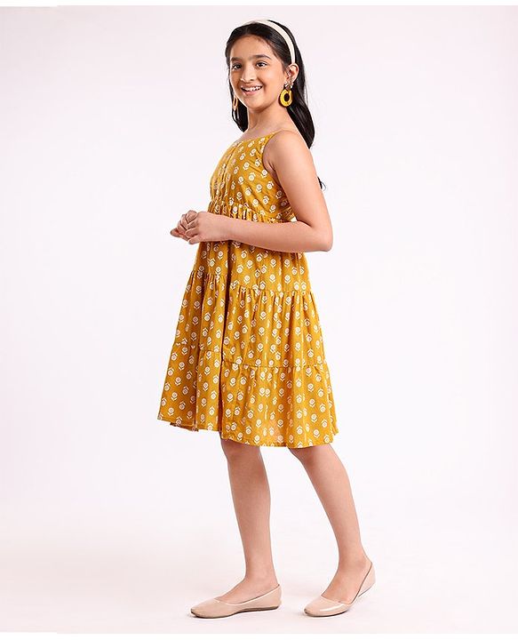Pine Kids Singlet Sleeves Cotton Floral Printed Ethnic Dress - Mustard