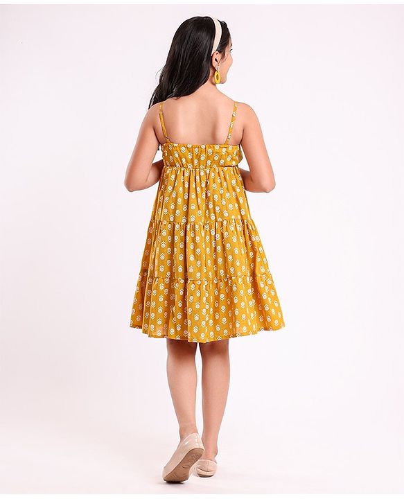 Pine Kids Singlet Sleeves Cotton Floral Printed Ethnic Dress - Mustard