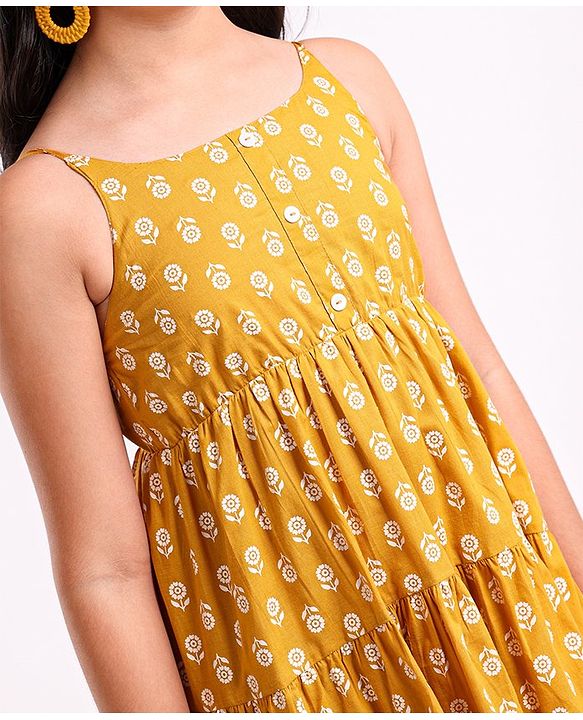 Pine Kids Singlet Sleeves Cotton Floral Printed Ethnic Dress - Mustard