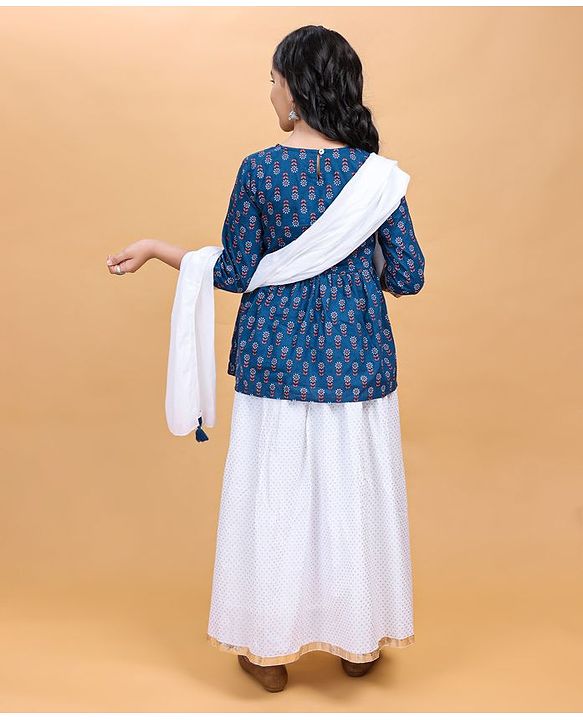 Pine Kids Full Sleeves Cotton Printed Kurti and Polka Dot Lehenga - Blue