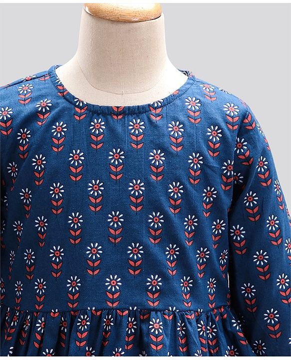 Pine Kids Full Sleeves Cotton Printed Kurti and Polka Dot Lehenga - Blue