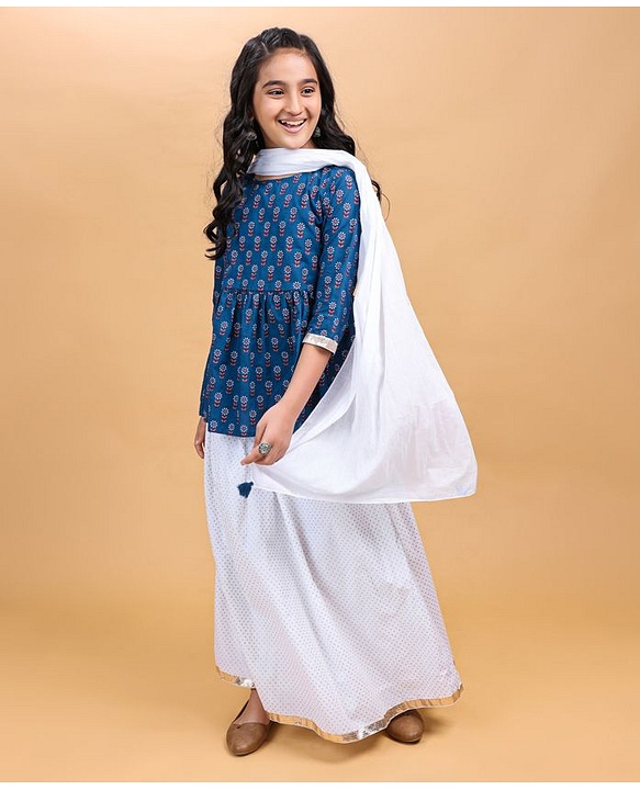 Pine Kids Full Sleeves Cotton Printed Kurti and Polka Dot Lehenga - Blue