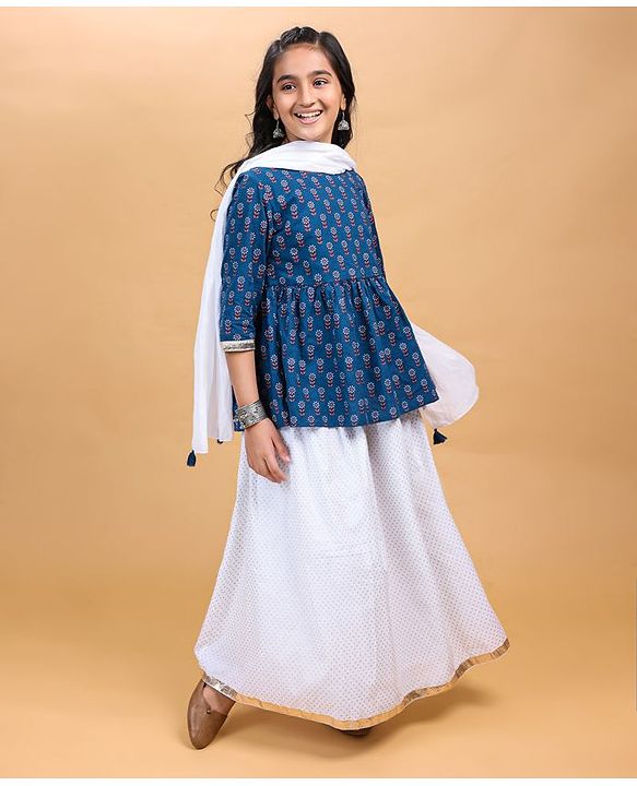 Pine Kids Full Sleeves Cotton Printed Kurti and Polka Dot Lehenga - Blue