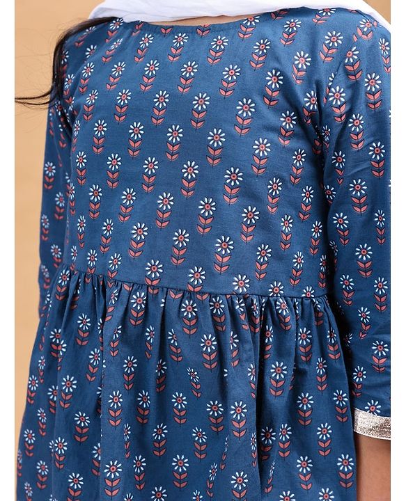 Pine Kids Full Sleeves Cotton Printed Kurti and Polka Dot Lehenga - Blue