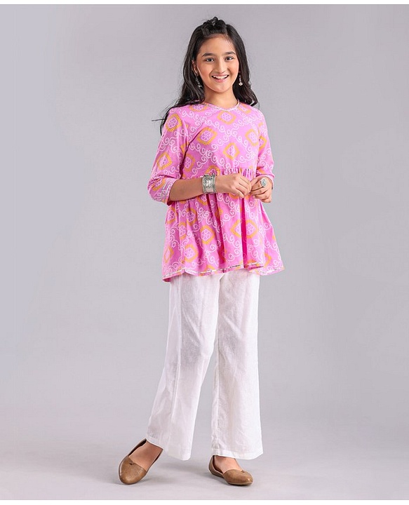 Pine Kids Full Sleeves Cotton Printed Kurti with Palazzo - Pink