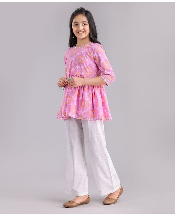 Pine Kids Full Sleeves Cotton Printed Kurti with Palazzo - Pink