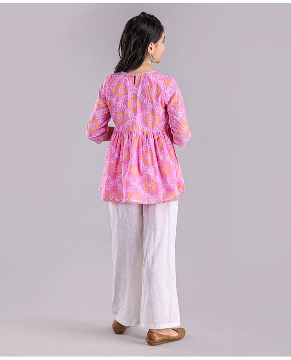Pine Kids Full Sleeves Cotton Printed Kurti with Palazzo - Pink